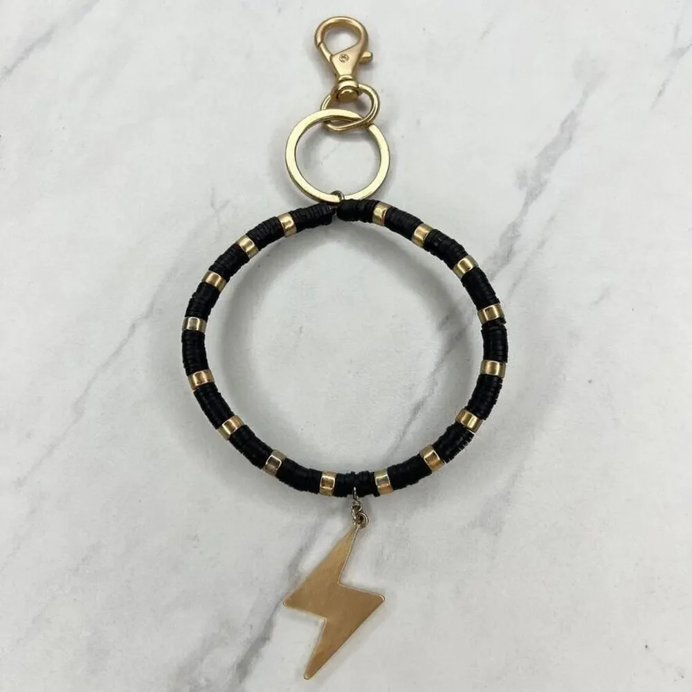 Gold Tone and Black Beaded Bracelet Lightning Charm Keychain Keyring
